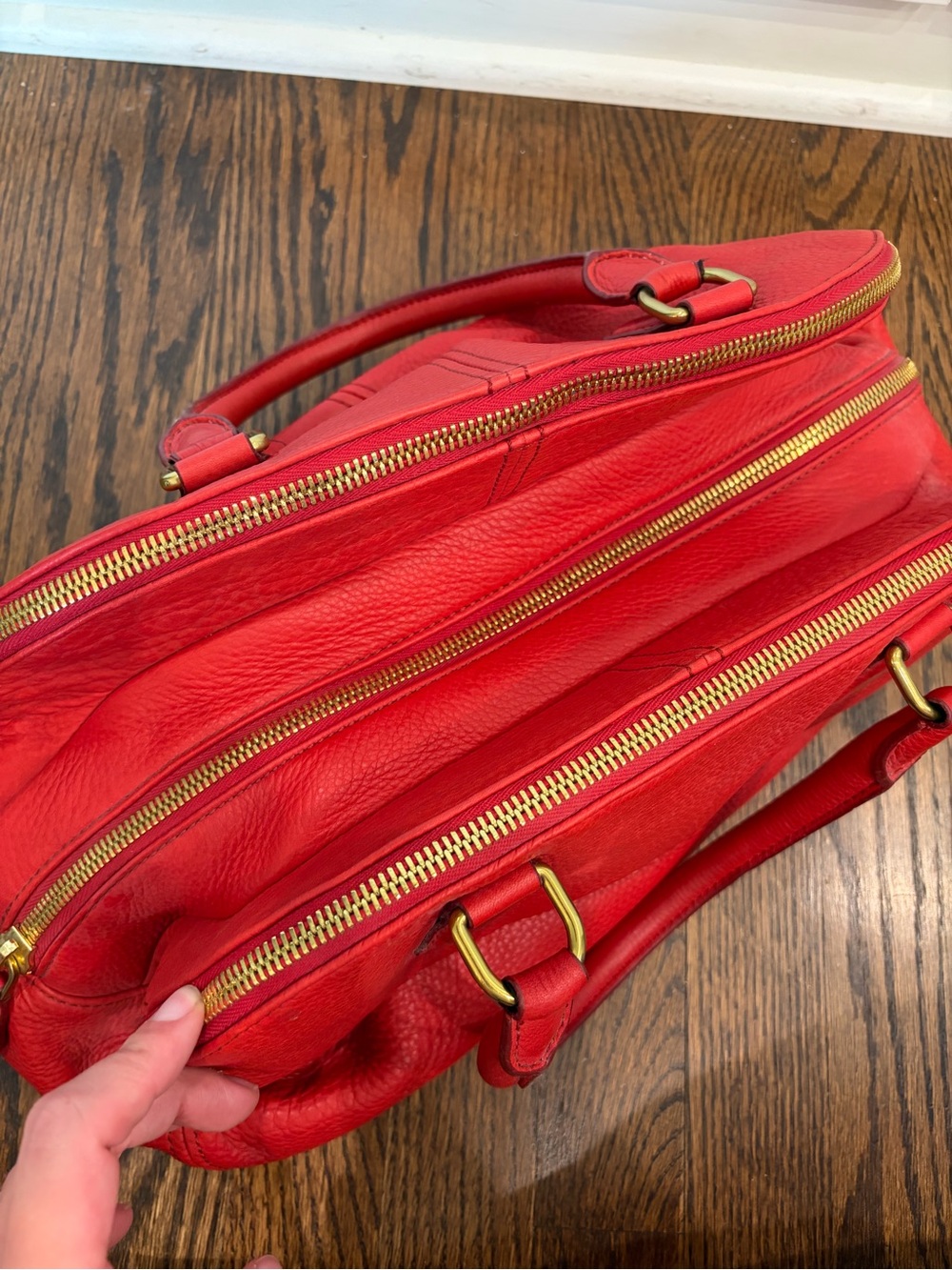 J. CREW Biennial Satchel Red Pebbled Leather Tri Compartment Shoulder Bag - Picture 7 of 14